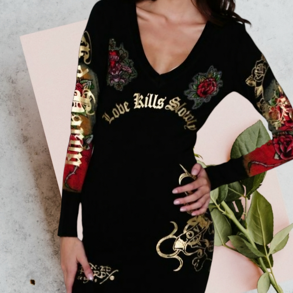 Y2K Ed Hardy Bling Rose 90’s Black Long Sleeve Punk Bodycon Dress Size Medium